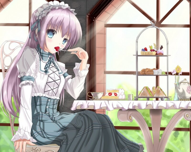 Anime Girl Eating Dessert — Purple, Calm, Afternoon