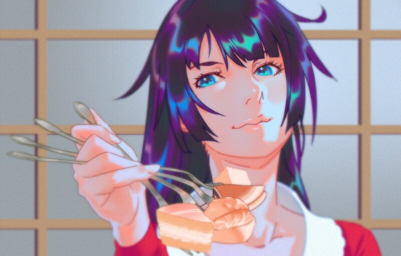 Anime Girl Eating Dessert — Purple, Calm, Forks