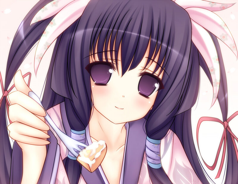Anime Girl Eating Dessert — Purple, Calm, Spring