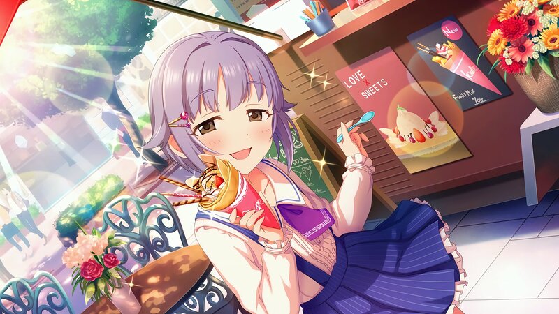 Anime Girl Eating Dessert — Purple, Cheerful, Afternoon