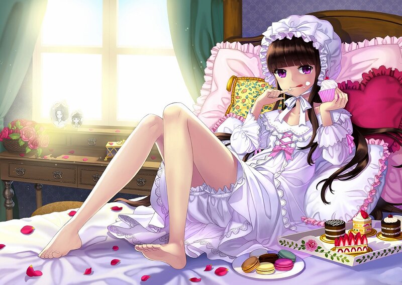 Anime Girl Eating Dessert — Purple, Peaceful, Morning