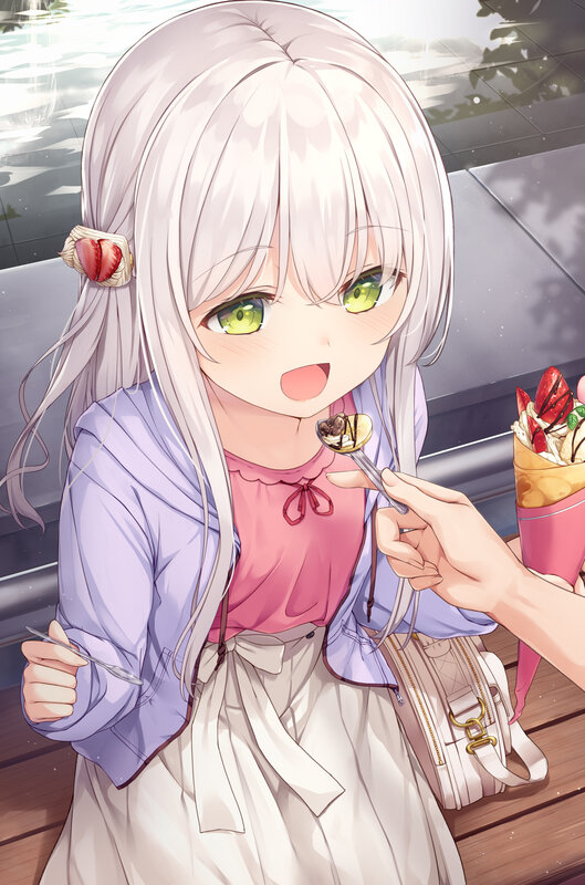 Anime Girl Eating Dessert — White, Happy, Afternoon