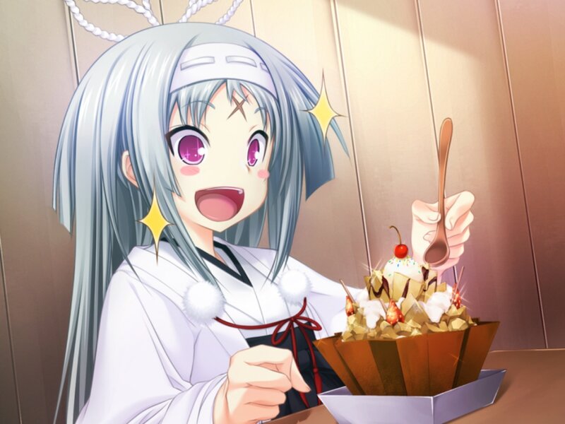 Anime Girl Eating Dessert — White, Happy