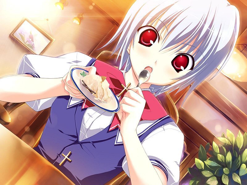 Anime Girl Eating Dessert — White