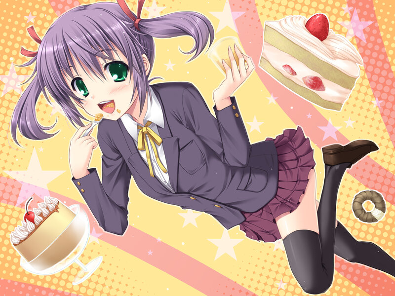 Anime Girl Eating Dessert — Yellow, Happy, Playful