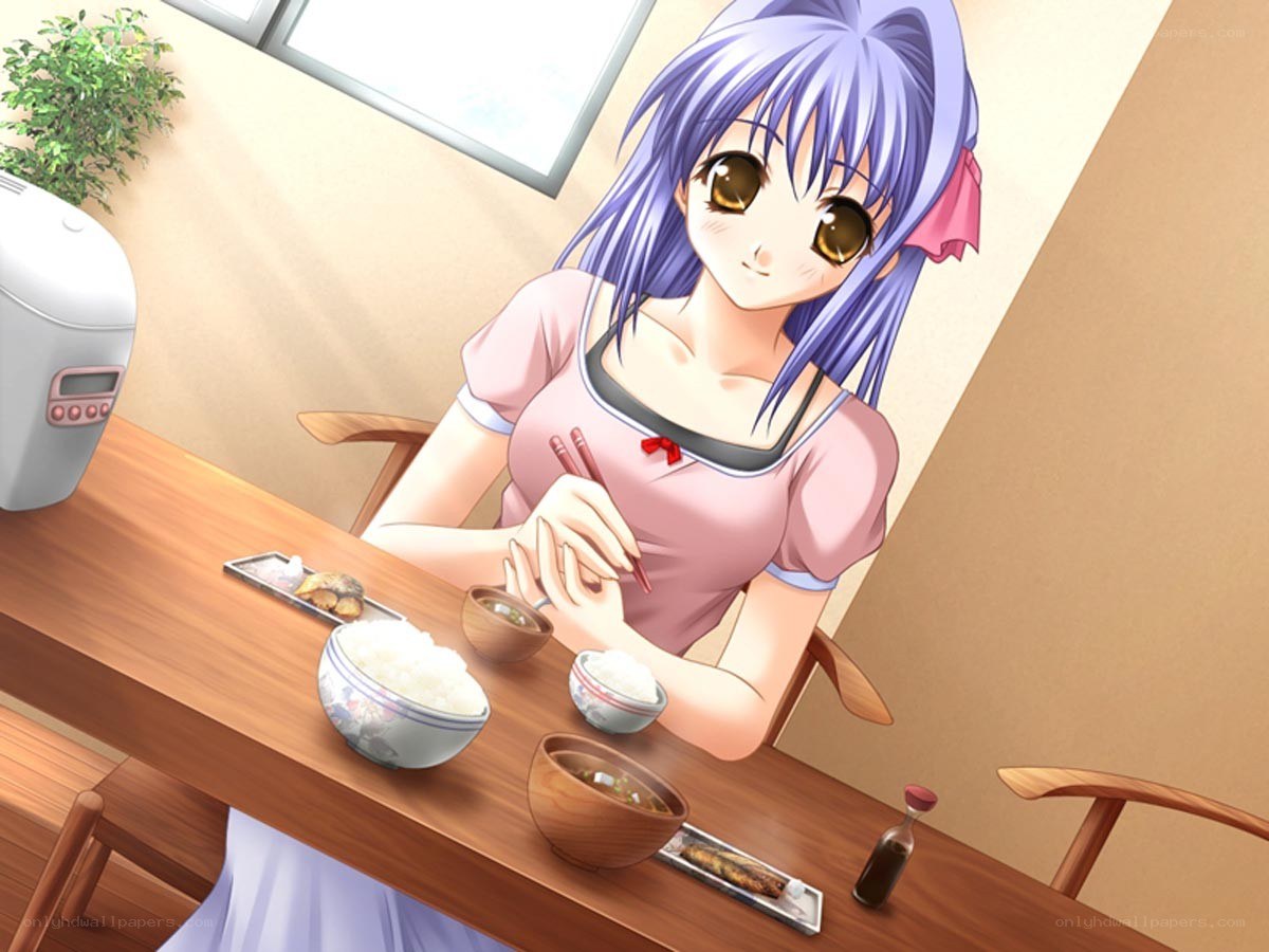 anime girl eating dinner