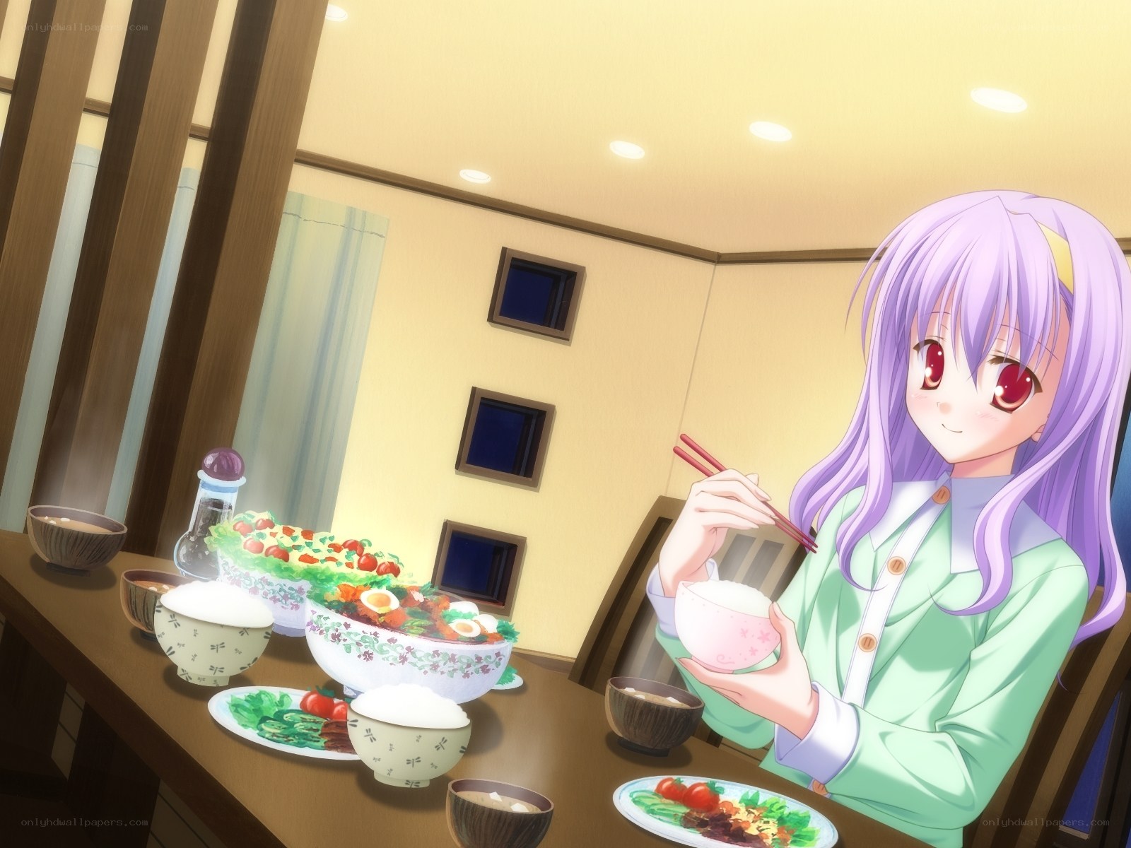 anime girl eating dinner
