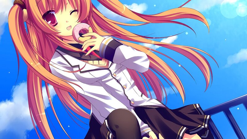 Anime Girl Eating Donut — Blue, Cheerful