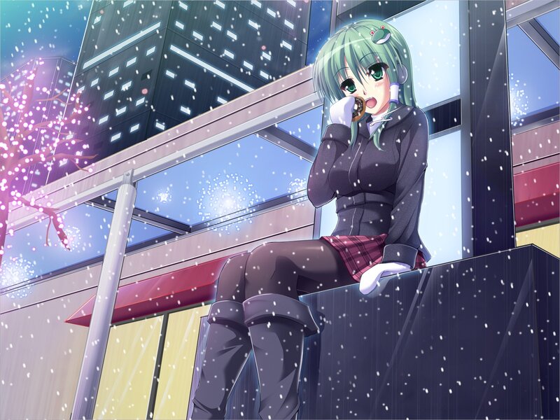Anime girl eating donut in snow