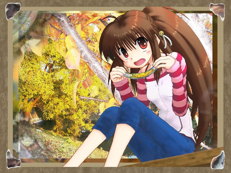 Anime girl eating fish outdoors