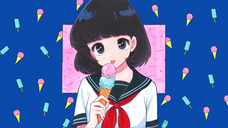 Anime Girl Eating Ice Cream — Blue, Playful, Summer