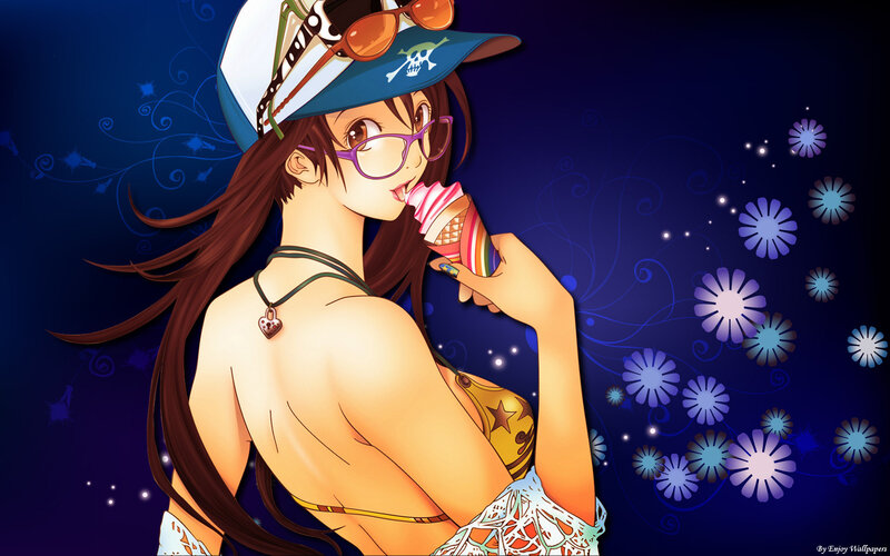 Anime Girl Eating Ice Cream — Blue, Playful