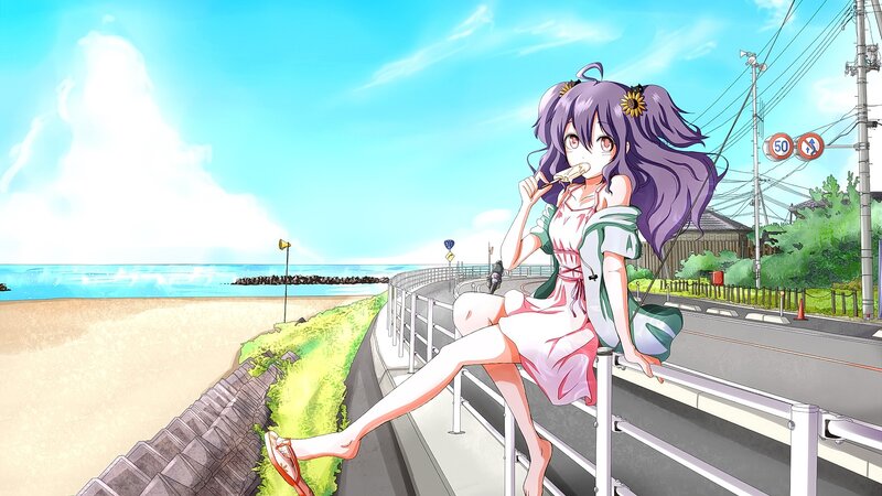 Anime Girl Eating Ice Cream — Blue, Serene, Afternoon, Beach
