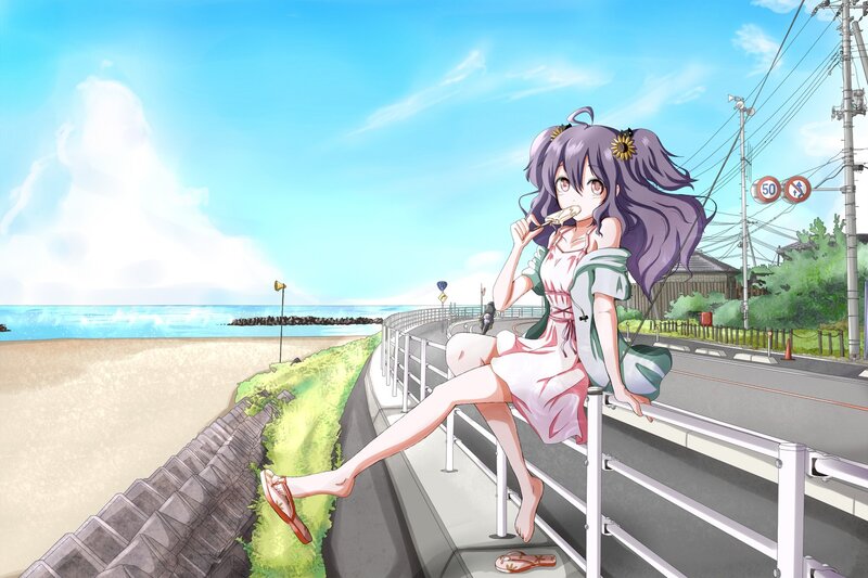 Anime girl eating ice cream by the sea