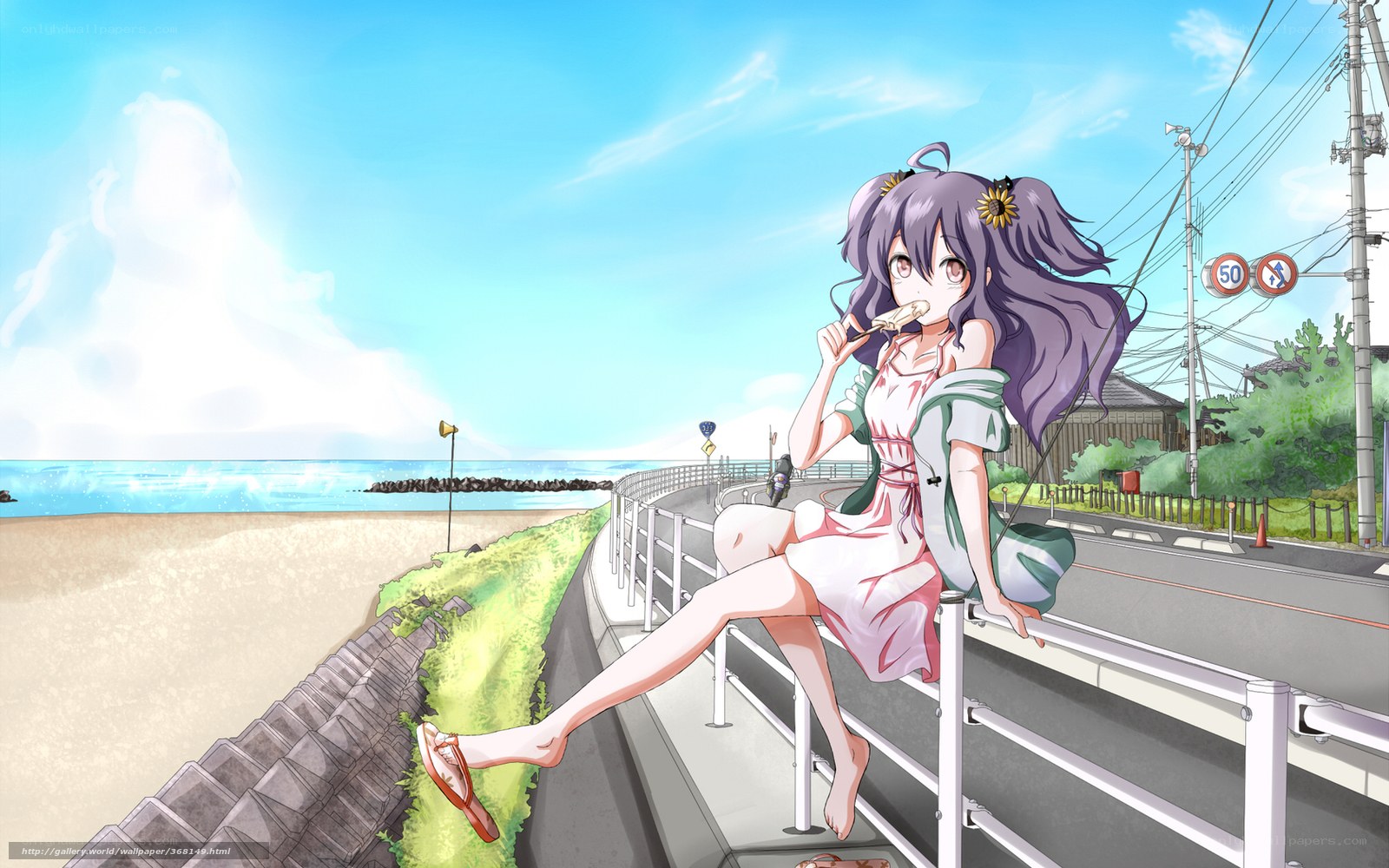 Anime girl eating ice cream by the sea