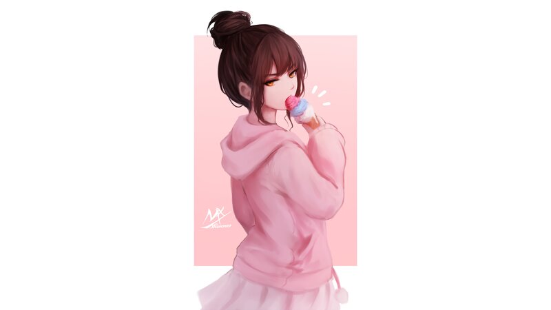 Anime Girl Eating Ice Cream — Pink, Calm, Digital Art