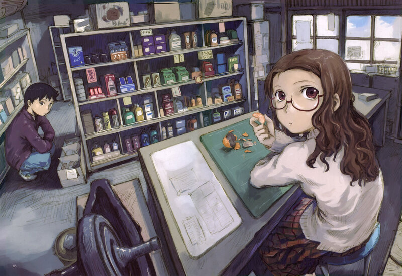 Anime girl eating in a shop
