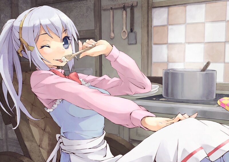 anime girl eating in kitchen
