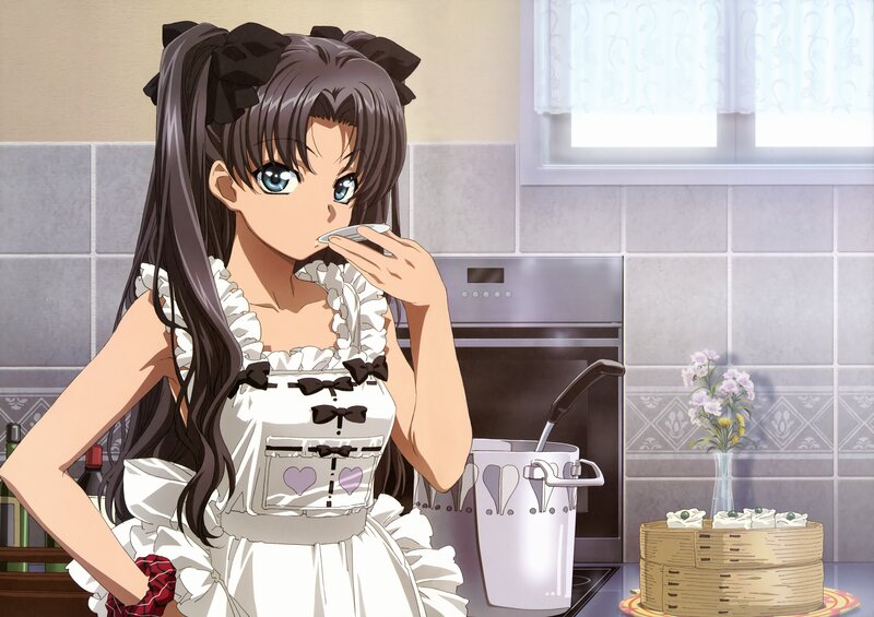 anime girl eating in kitchen