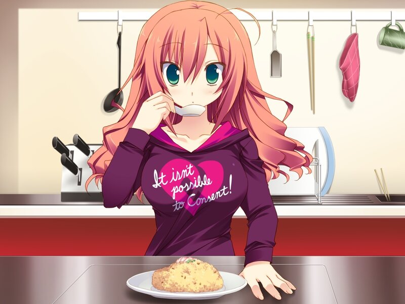anime girl eating in kitchen