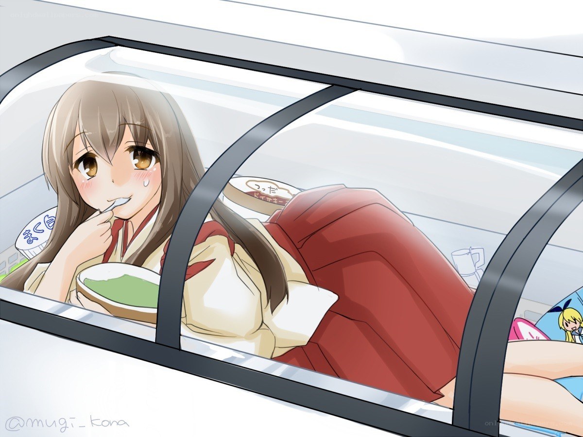 Anime girl eating in train