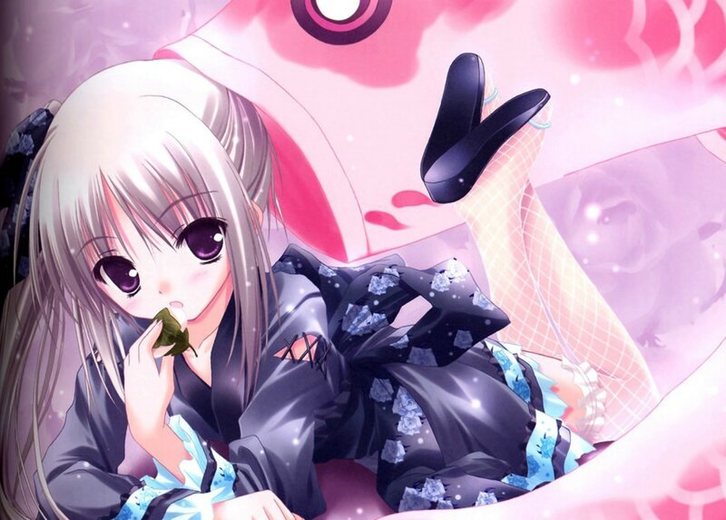 Anime Girl Eating Leaf — Pink, Dreamy, Shoes, Fish