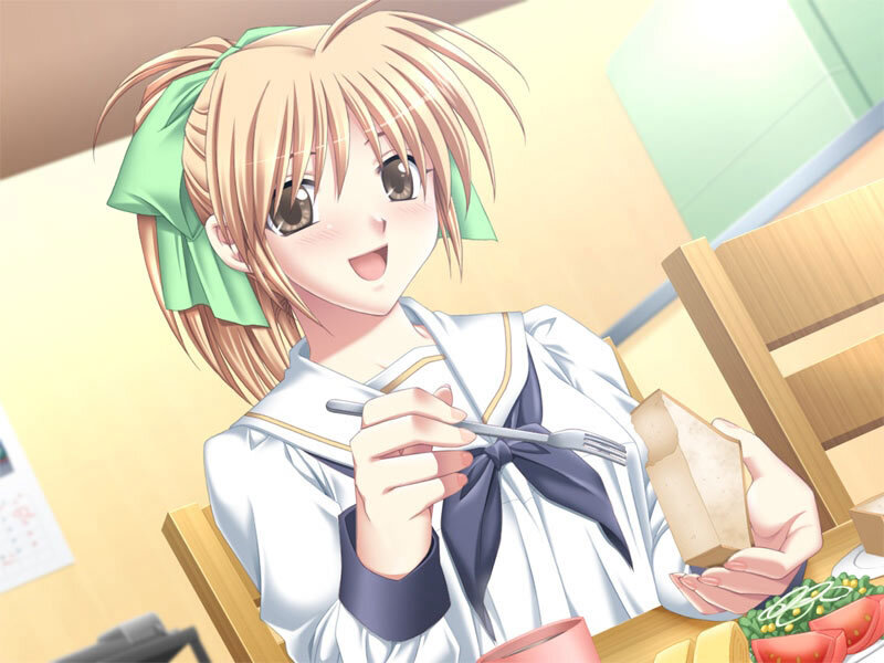 Anime Girl Eating Lunch — White, Cheerful
