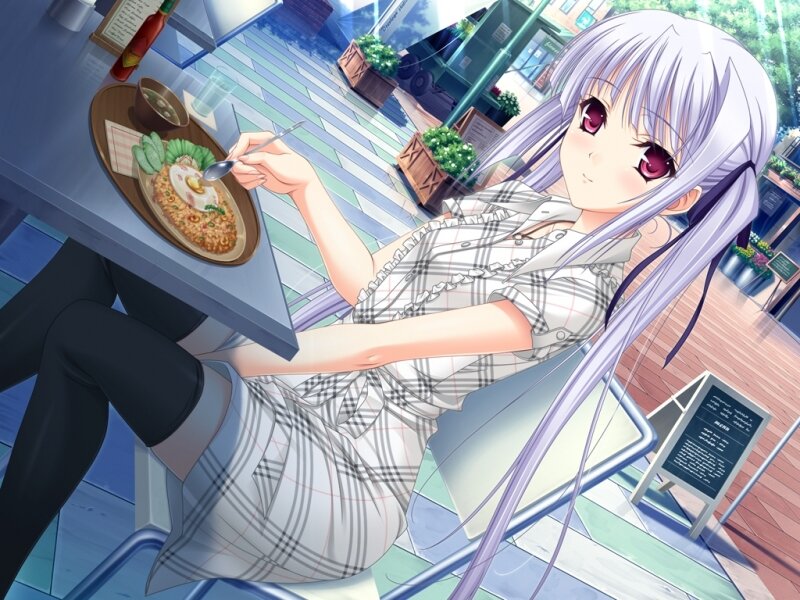 Anime Girl Eating Meal — Purple