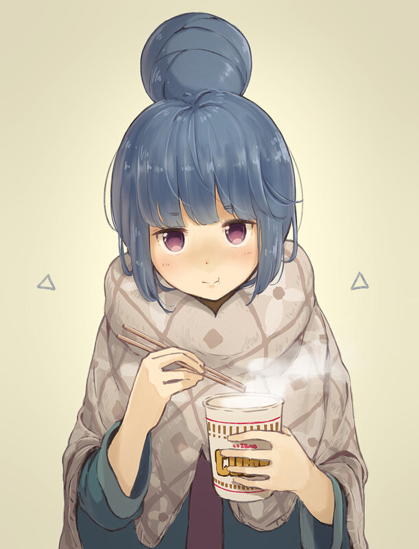 Anime Girl Eating Noodles — Blue, Calm, Digital Art