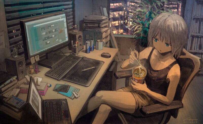 Anime Girl Eating Noodles — Brown, Calm, Night