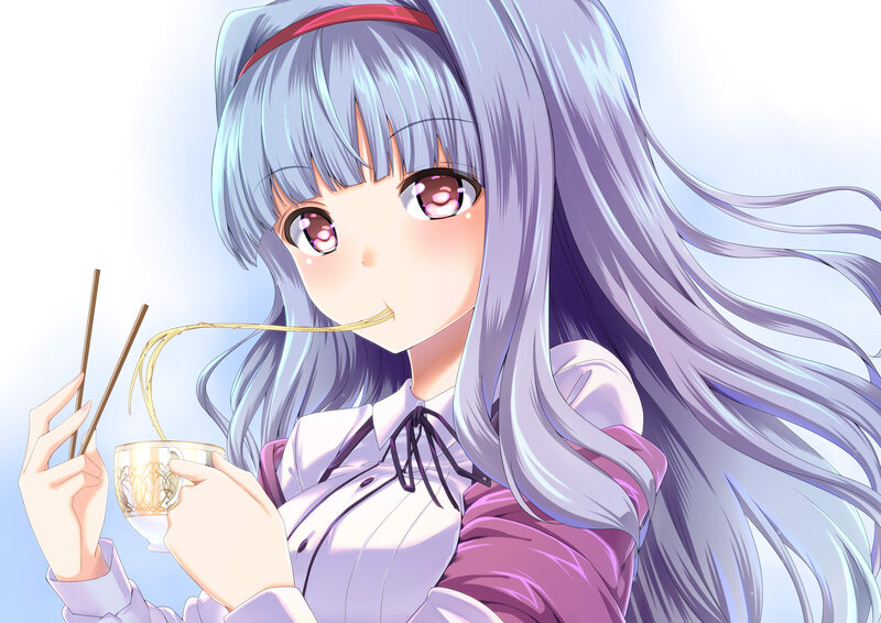 Anime Girl Eating Noodles — Purple, Calm