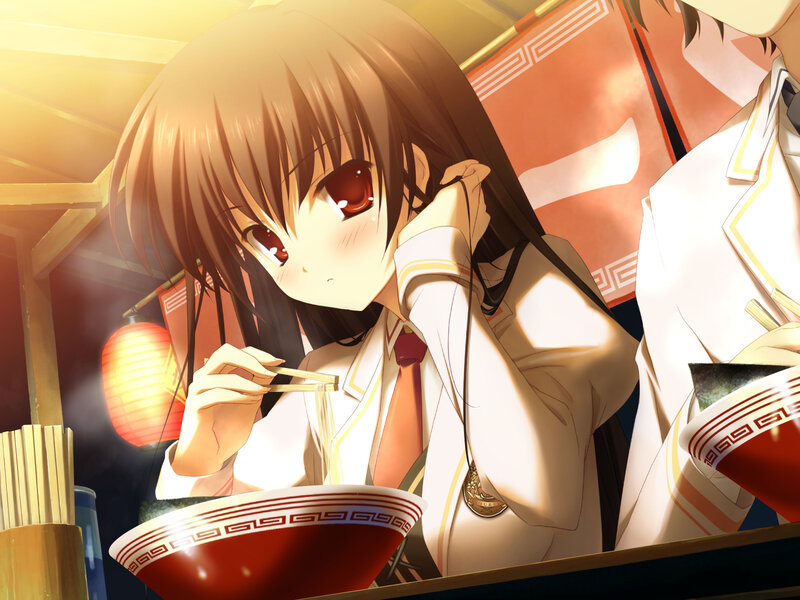 Anime Girl Eating Noodles — Red, Calm