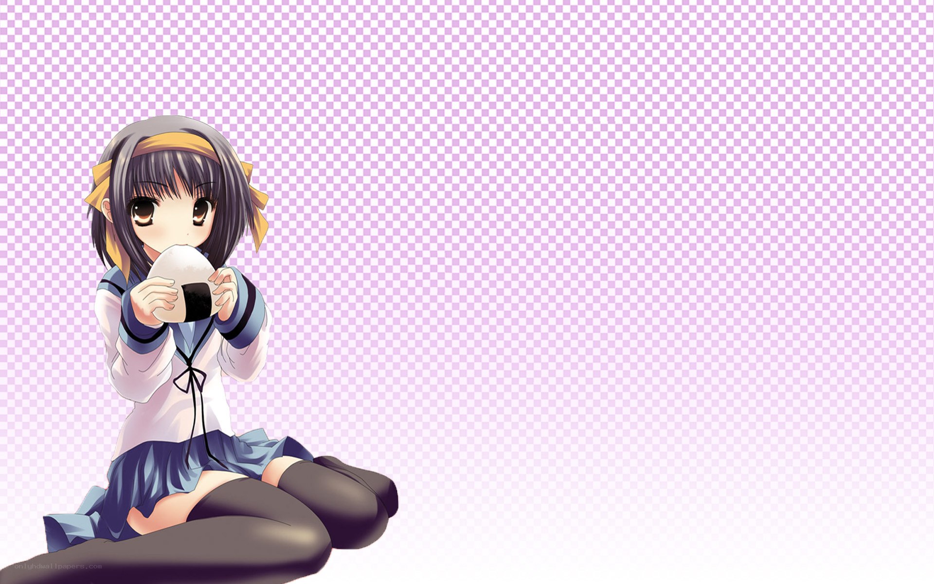 anime girl eating on checkered background
