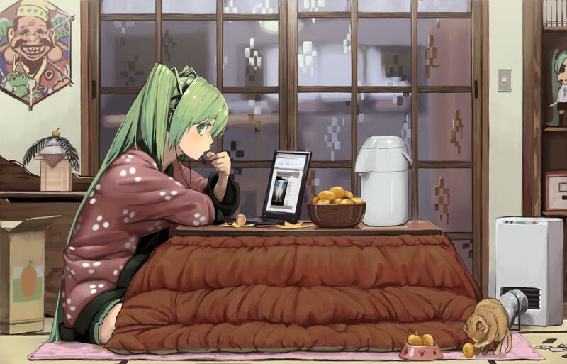 anime girl eating on kotatsu