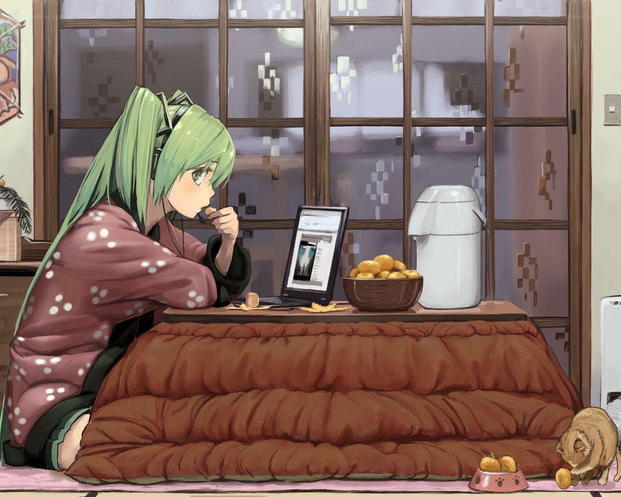 anime girl eating on kotatsu