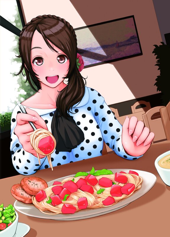 anime girl eating pasta