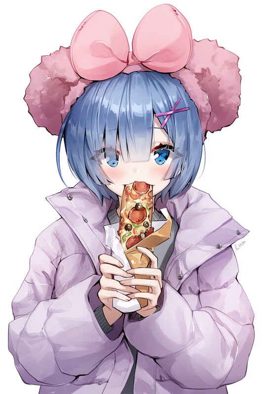 Anime Girl Eating Pizza — Blue, Playful, Digital Art