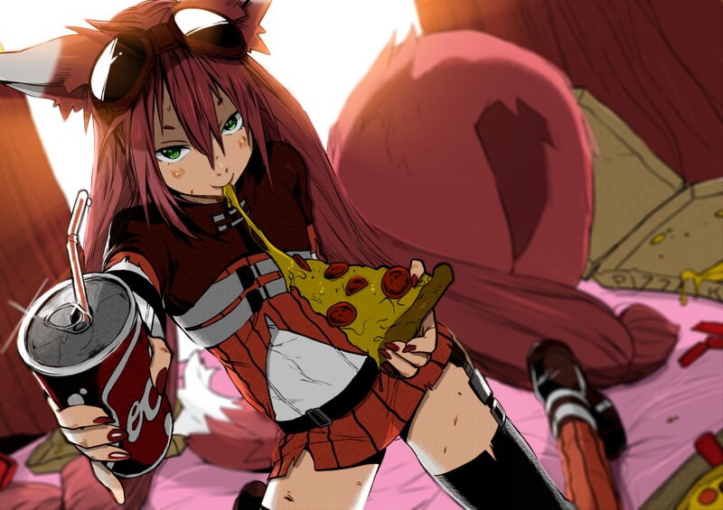 Anime Girl Eating Pizza — Red
