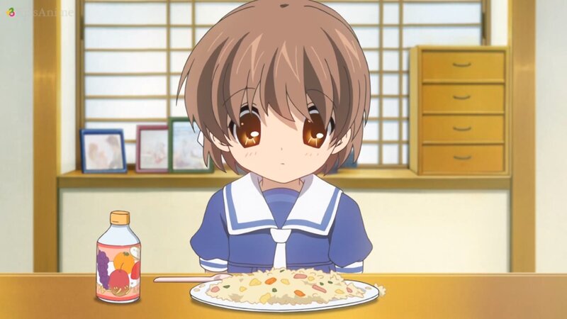 Anime Girl Eating Rice — Brown, Calm