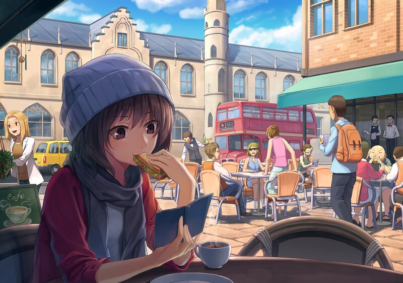 Anime Girl Eating Sandwich — Blue, Calm, Afternoon