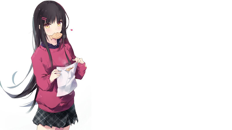 Anime Girl Eating Snack — Black, Calm, Long Hair