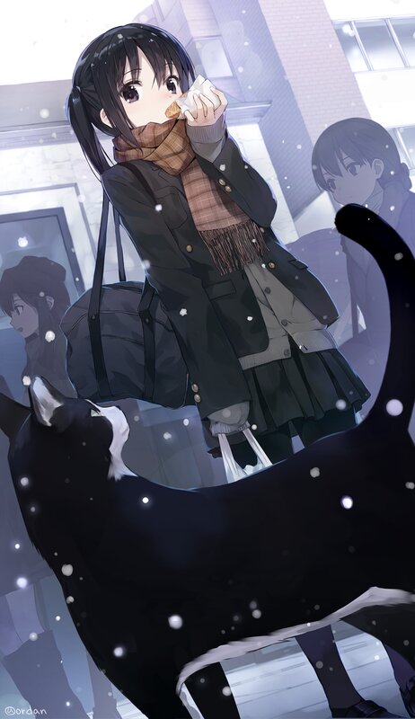 Anime Girl Eating Snack — Black, Calm