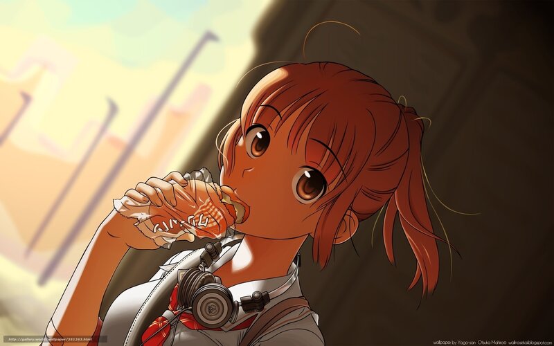 Anime Girl Eating Snack — Brown, Calm