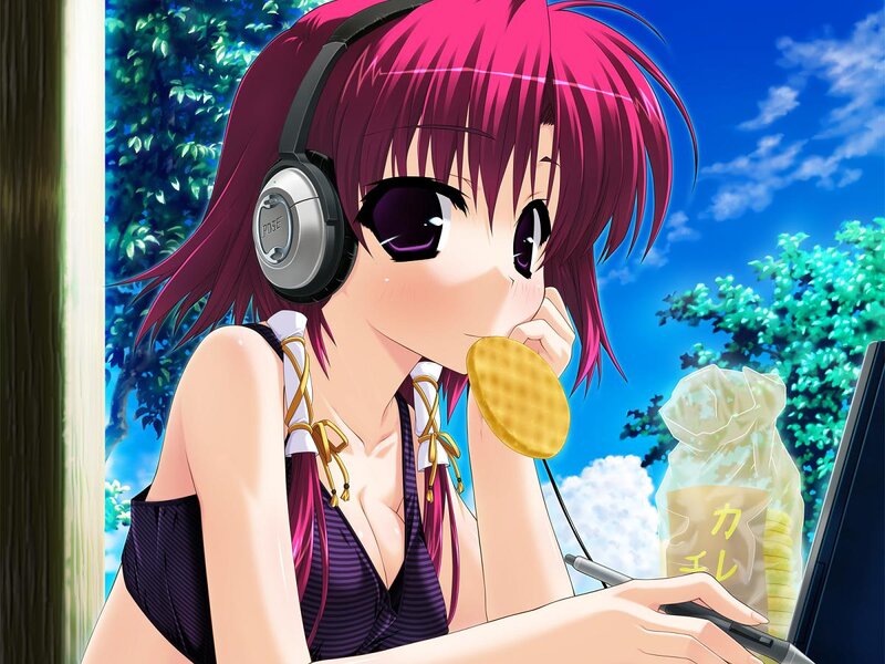 Anime Girl Eating Snack — Pink, Relaxed