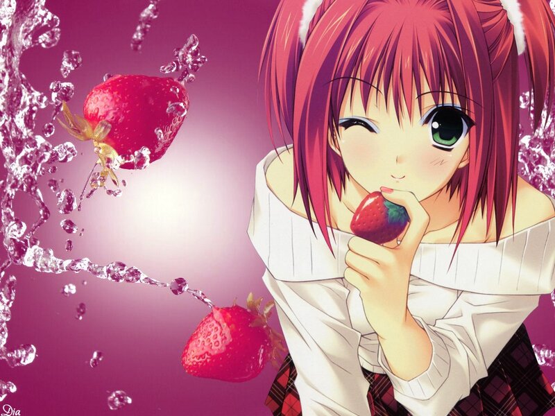 Anime girl eating strawberries