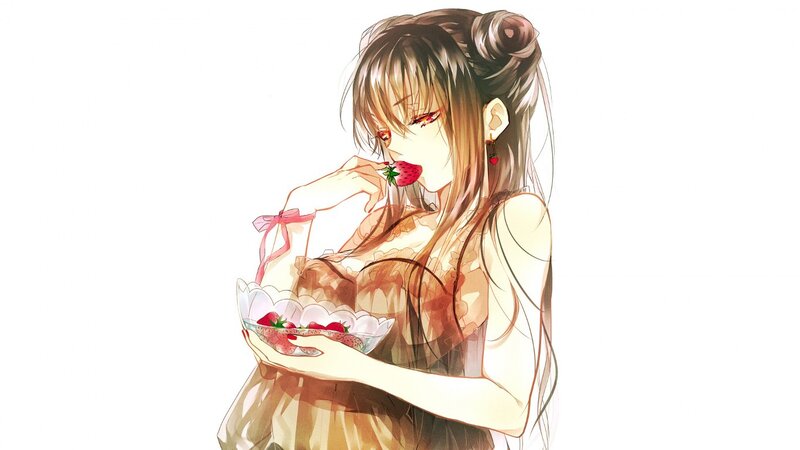 Anime Girl Eating Strawberry — Brown