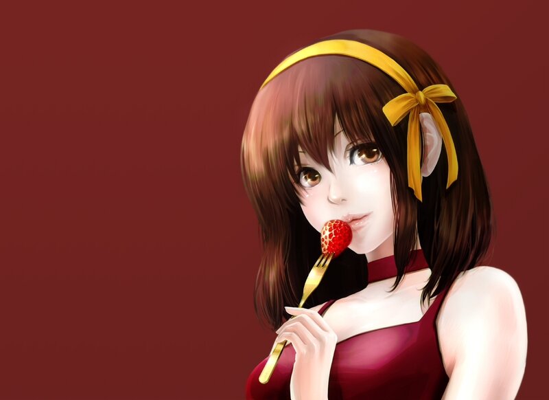 Anime Girl Eating Strawberry — Red