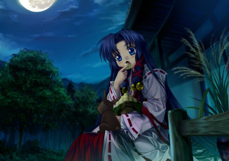 anime girl eating under moonlight