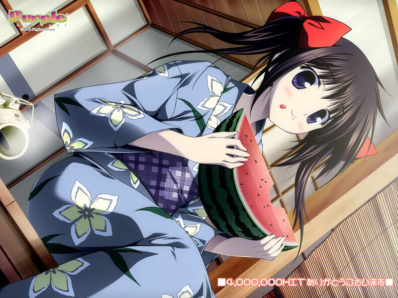 Anime girl eating watermelon