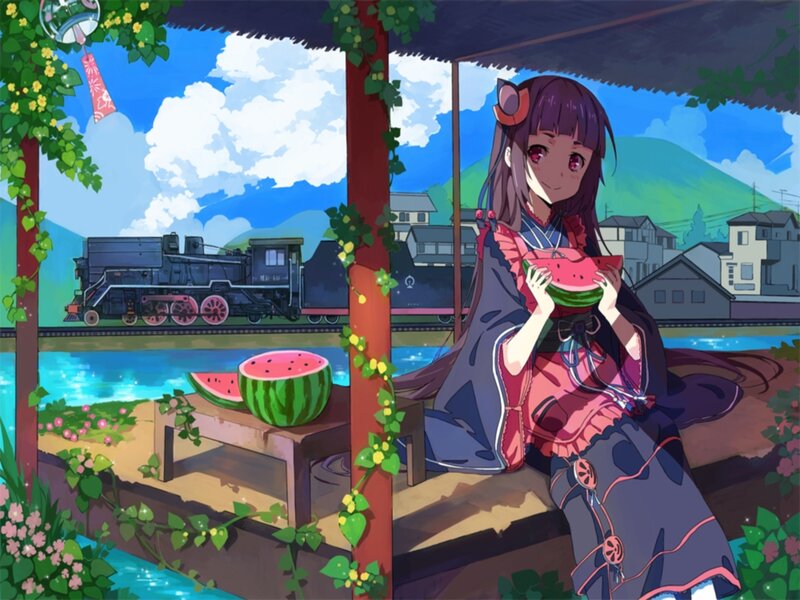 Anime Girl Eating Watermelon — Blue